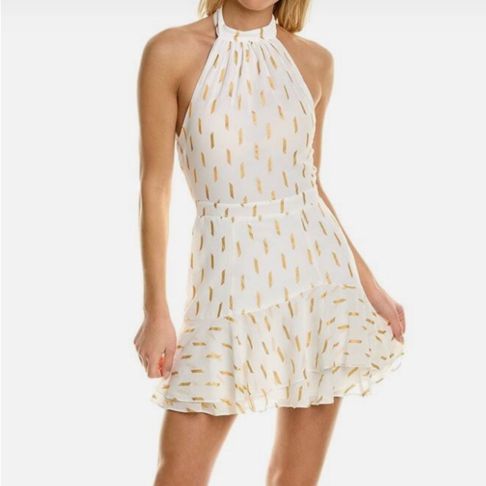 Yumi Kim Ginny Dash Foil and Gold Halter Tiered Ruffle Hem Dress.